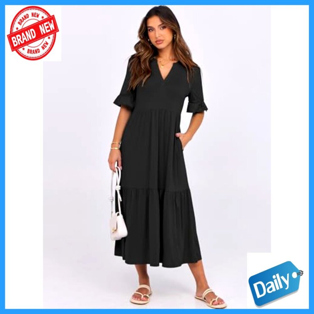 Summer Maxi Dress Ruffle Sleeve V-Neck Flowy Tiered Boho Casual Beach - Picture 2 of 7